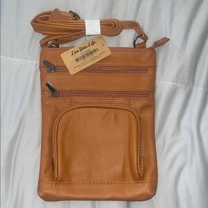 Light Brown Leather Crossbody Bag with Antique Brass Hardware